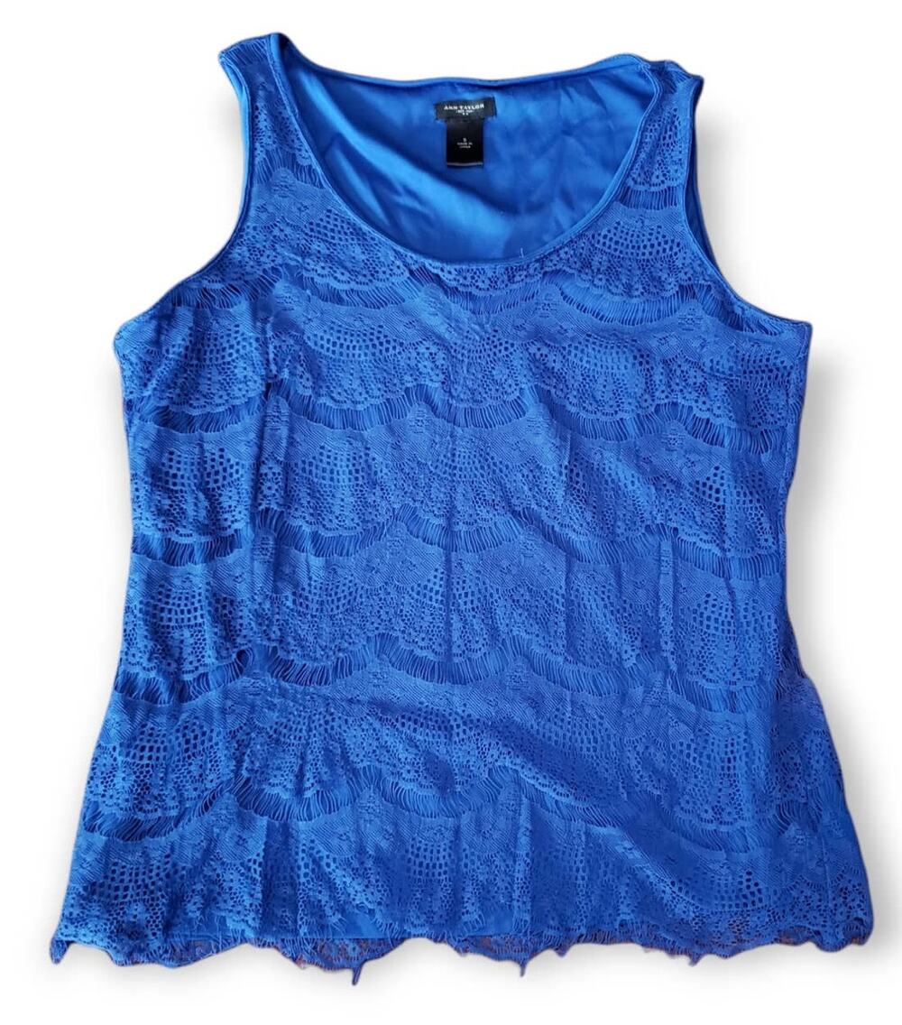 Ann Taylor Blue Lace Overlay Blouse Tank Top - Shirt - Size Small